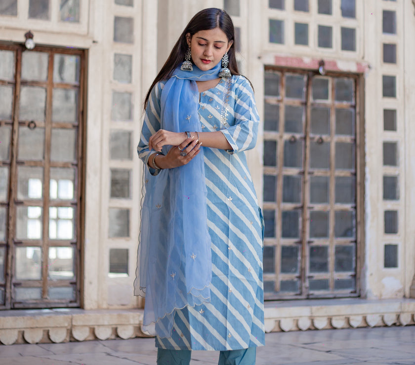 Divena Sky Blue Leheriya Cotton Kurta Pant set With Organza Dupatta