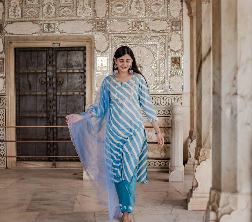 Divena Sky Blue Leheriya Cotton Kurta Pant set With Organza Dupatta