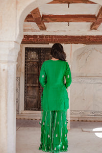 Divena Dark Green russian silk Hand embroidery Kurta Sharara with Organza dupatta