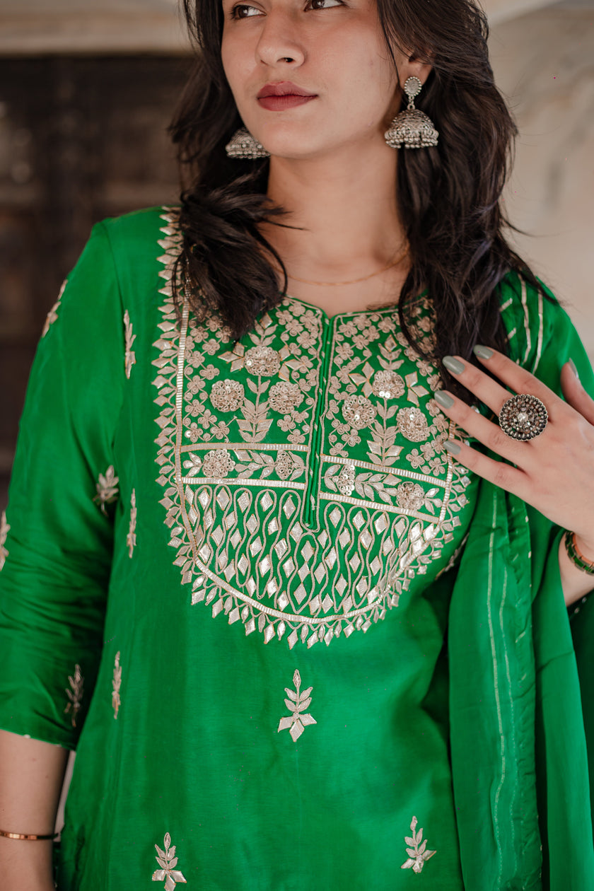 Divena Dark Green russian silk Hand embroidery Kurta Sharara with Organza dupatta