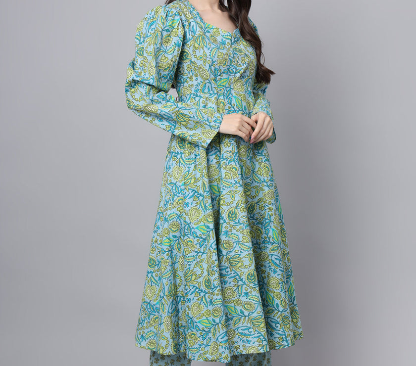 Divena Floral Printed Sky Blue Cotton Anarkali Kurta Pant Dupatta Set