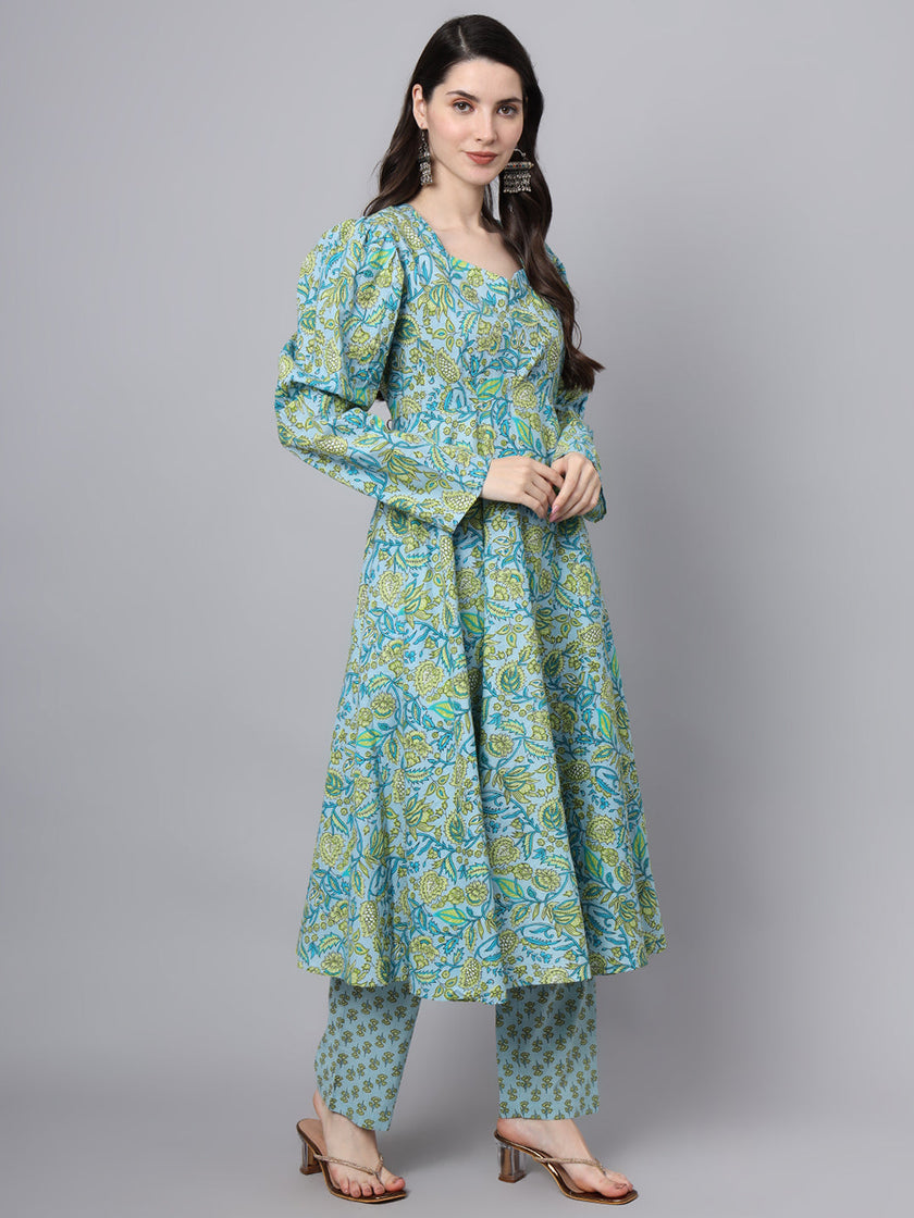 Divena Floral Printed Sky Blue Cotton Anarkali Kurta Pant Dupatta Set