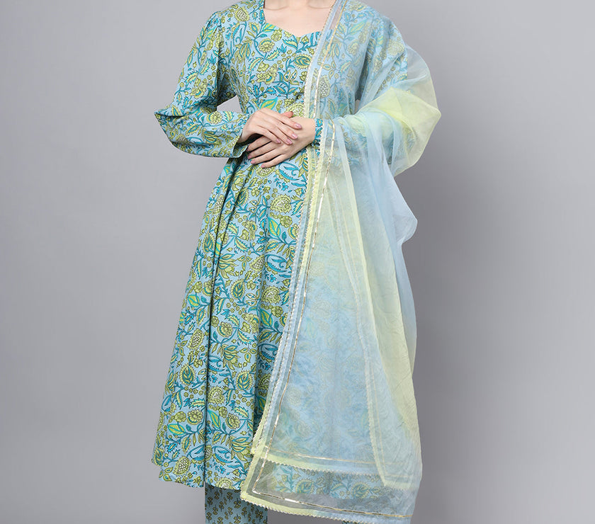 Divena Floral Printed Sky Blue Cotton Anarkali Kurta Pant Dupatta Set