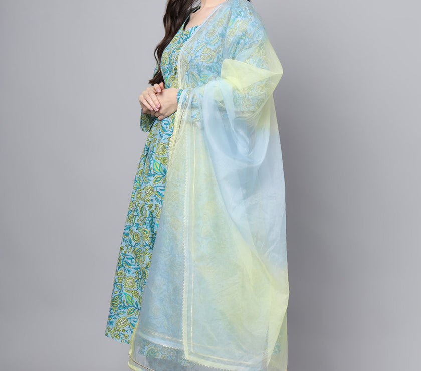 Divena Floral Printed Sky Blue Cotton Anarkali Kurta Pant Dupatta Set