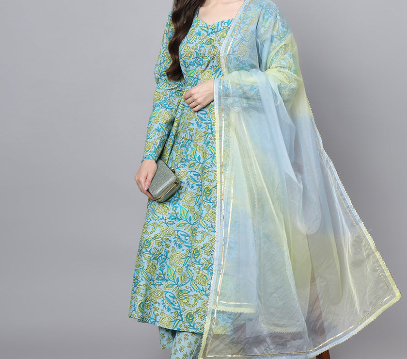 Divena Floral Printed Sky Blue Cotton Anarkali Kurta Pant Dupatta Set