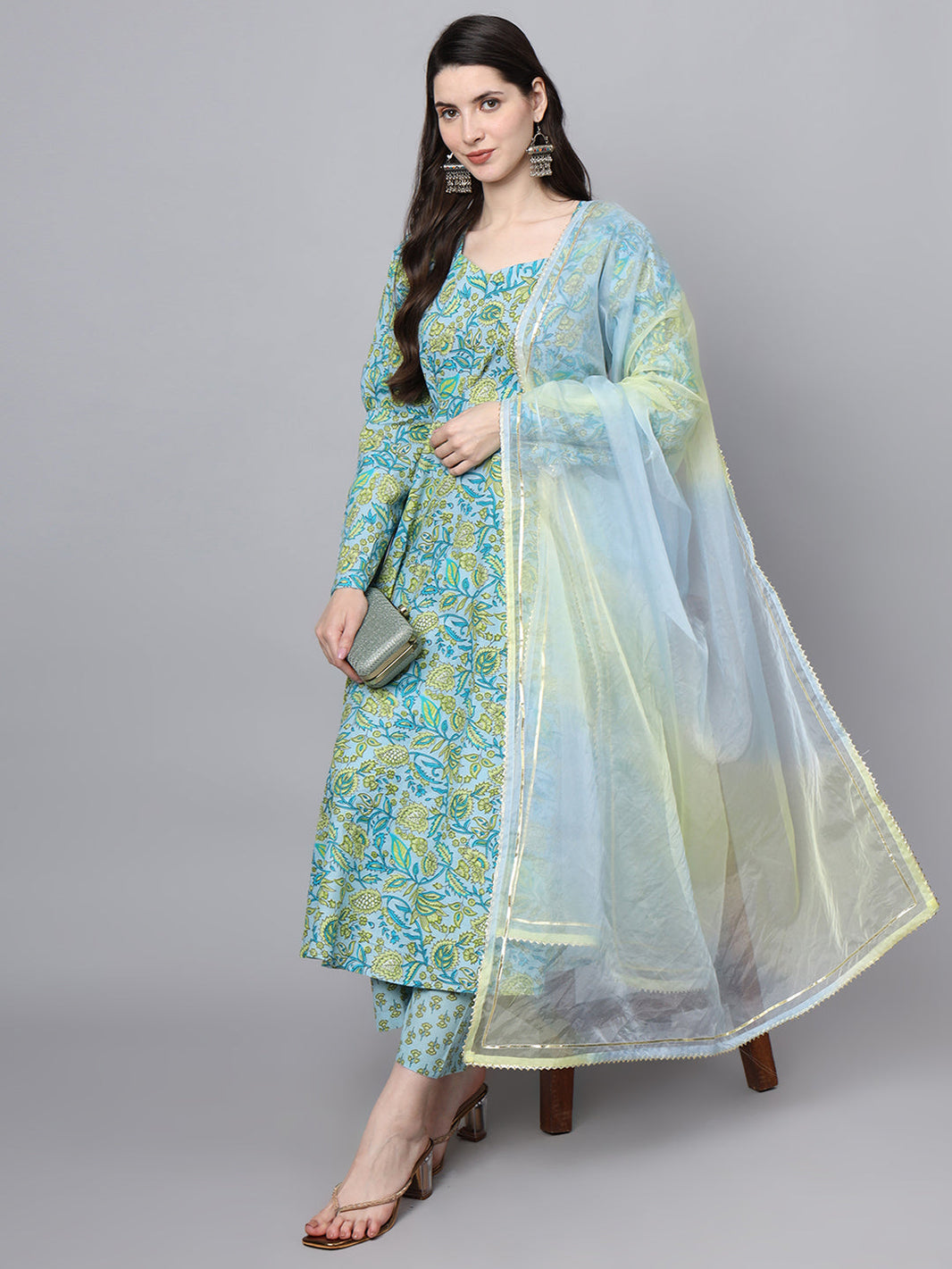 Divena Floral Printed Sky Blue Cotton Anarkali Kurta Pant Dupatta Set