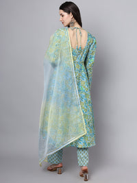 Divena Floral Printed Sky Blue Cotton Anarkali Kurta Pant Dupatta Set