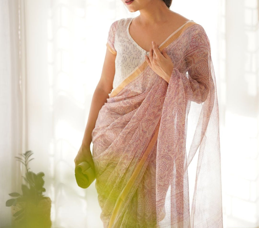 Divena Pink HandBlock Cotton Kota Doria Saree