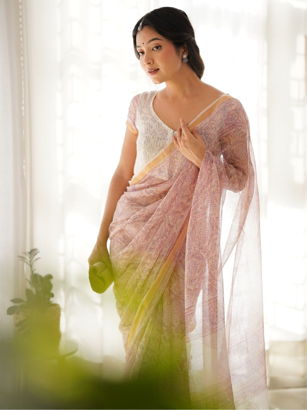 Divena Pink HandBlock Cotton Kota Doria Saree