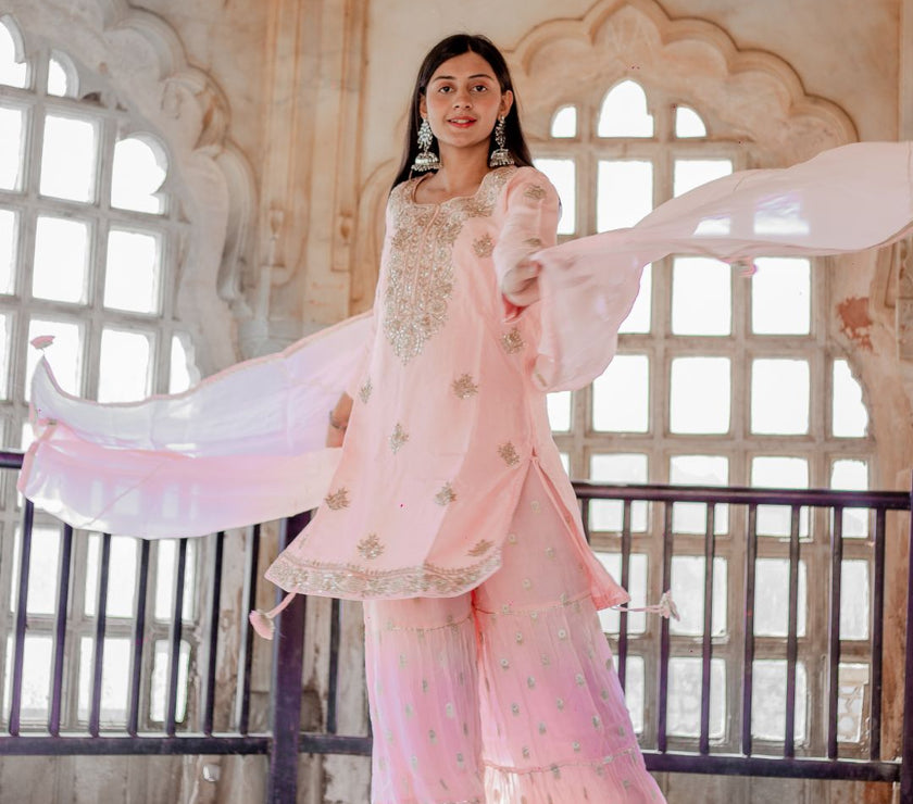 Divena Women Pink Yoke Design Zardozi Chanderi Silk Kurta with Sharara & With Dupatta