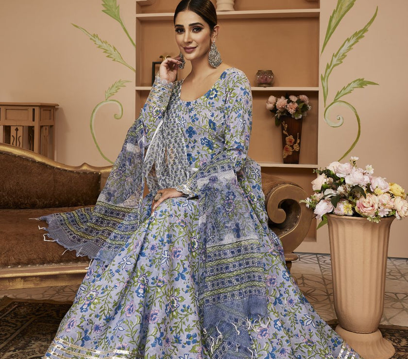 Divena Handblock Floral Printed Blue Anarkali Cotton Kurta With Trousers & Dupatta