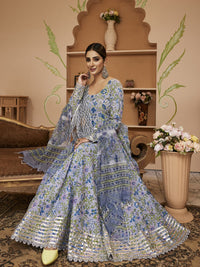 Divena Handblock Floral Printed Blue Anarkali Cotton Kurta With Trousers & Dupatta