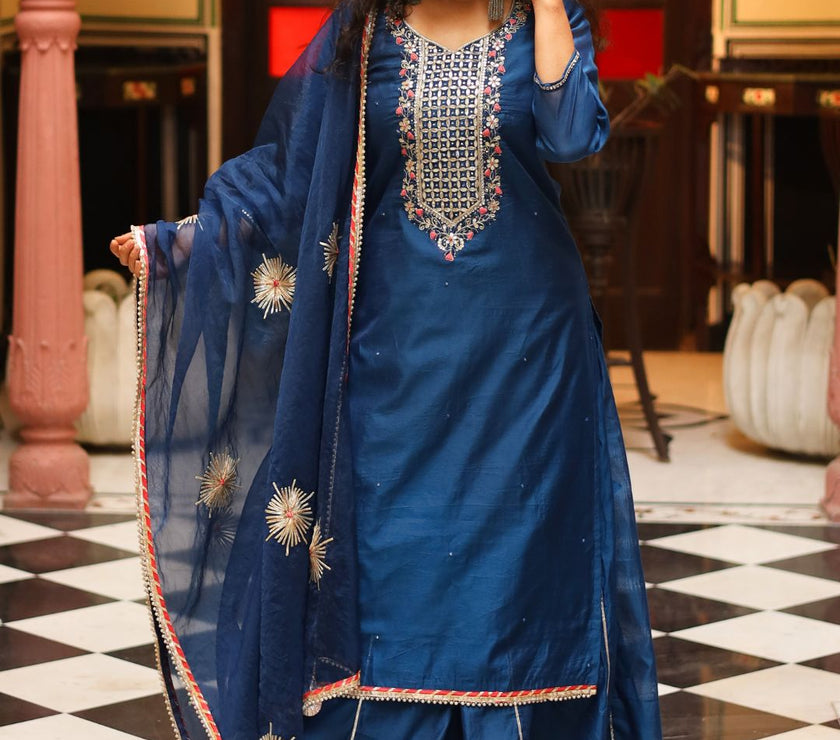 Divena Blue Solid Chenderi Kurta Skirt Set with Dupatta