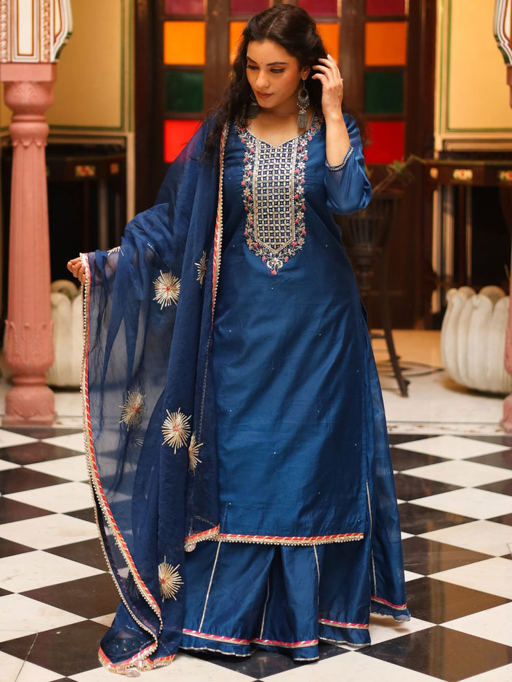 Divena Blue Solid Chenderi Kurta Skirt Set with Dupatta