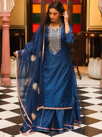 Divena Blue Solid Chenderi Kurta Skirt Set with Dupatta