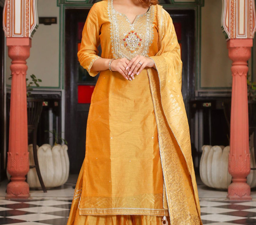 Divena Yellow Gold Embroidered Chenderi Kurta Sharara Set with Dupatta