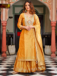 Divena Yellow Gold Embroidered Chenderi Kurta Sharara Set with Dupatta