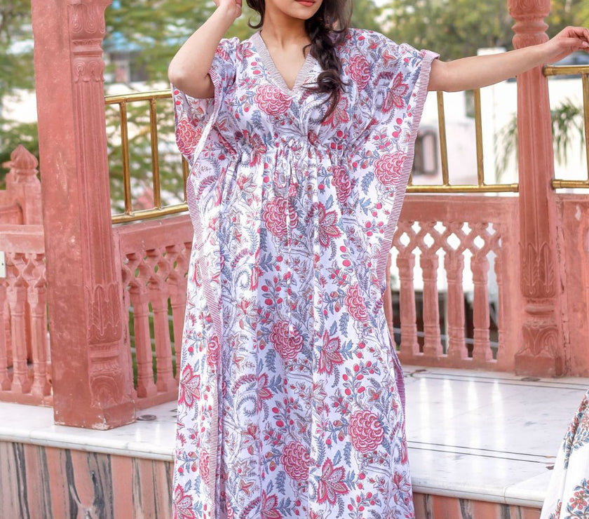 Divena White And Pink Floral Print Kaftan