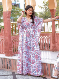 Divena White And Pink Floral Print Kaftan