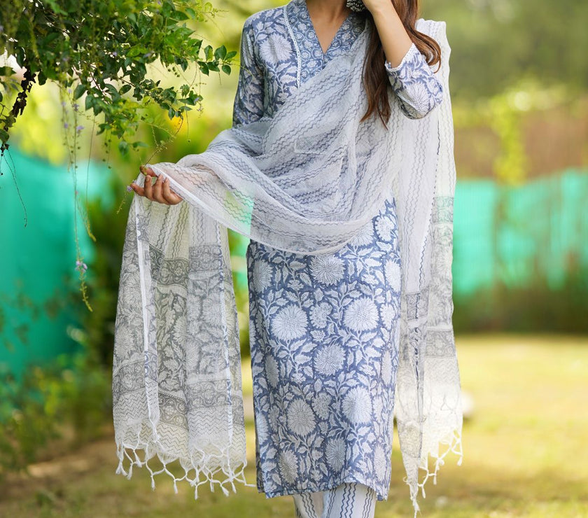 Divena Sky blue Hand Block Printed Straight kurta Pant Set with Dupatta