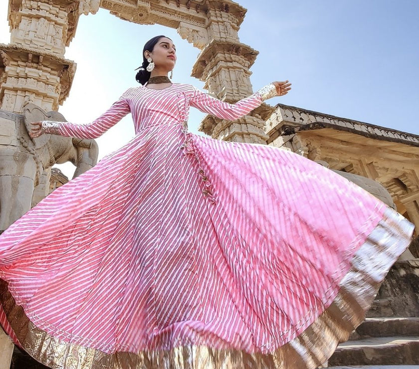 Divena Pink Leheriya Cotton Anarkali With Copper Lace