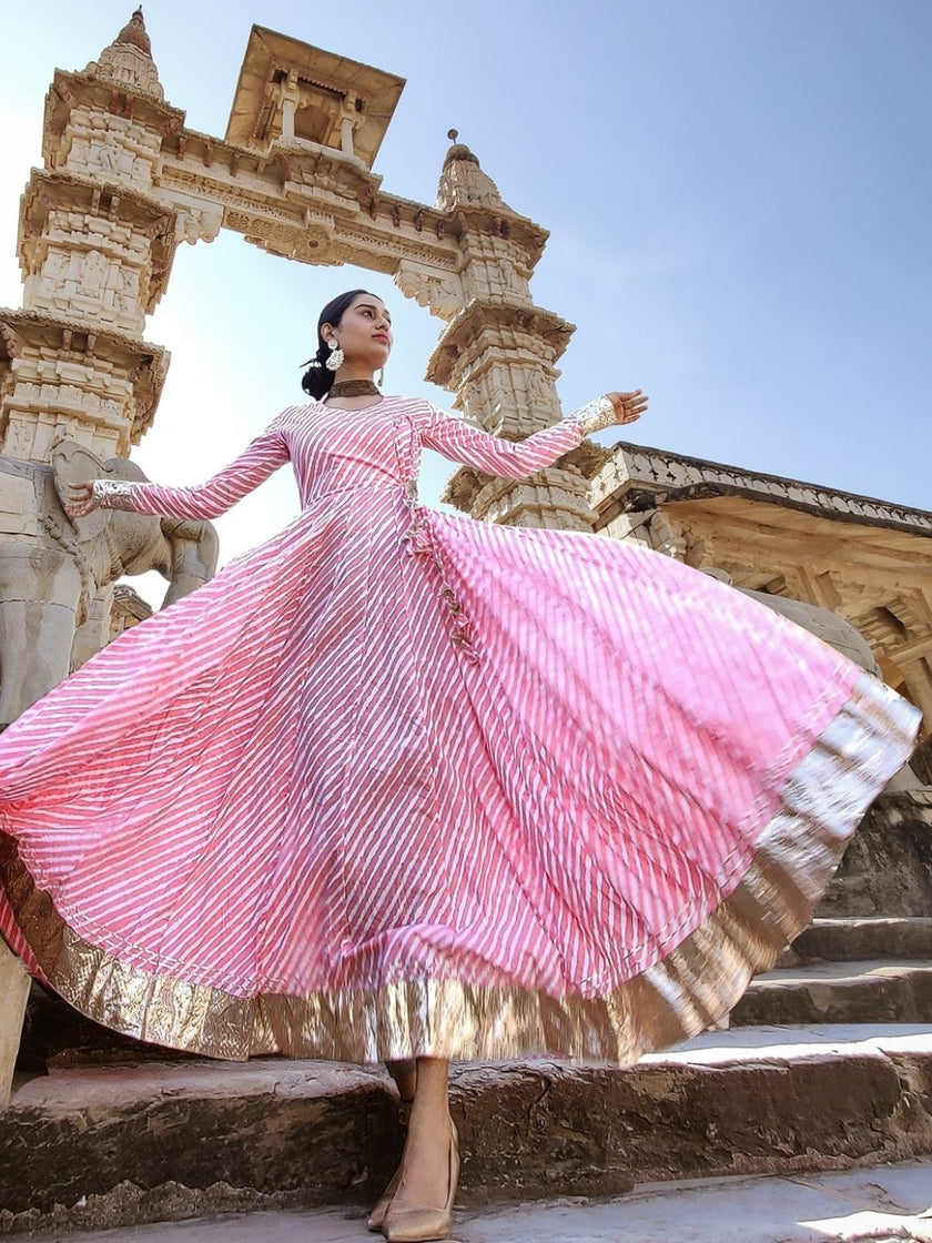 Divena Pink Leheriya Cotton Anarkali With Copper Lace