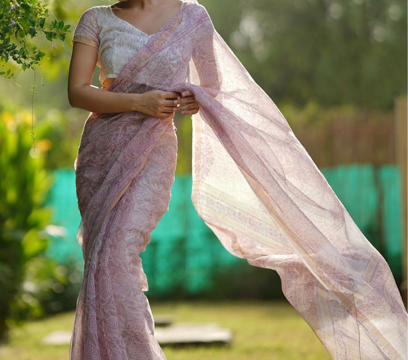 Divena Pink HandBlock Cotton Kota Doria Saree