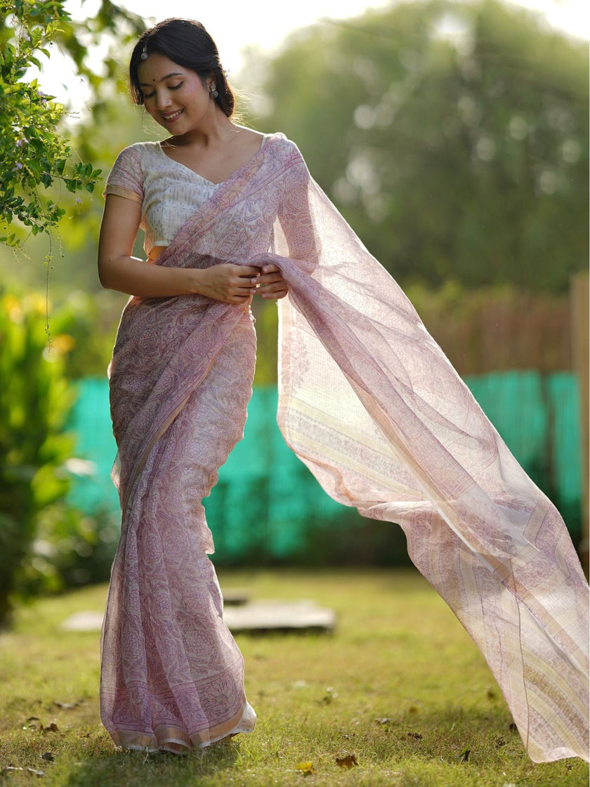 Divena Pink HandBlock Cotton Kota Doria Saree